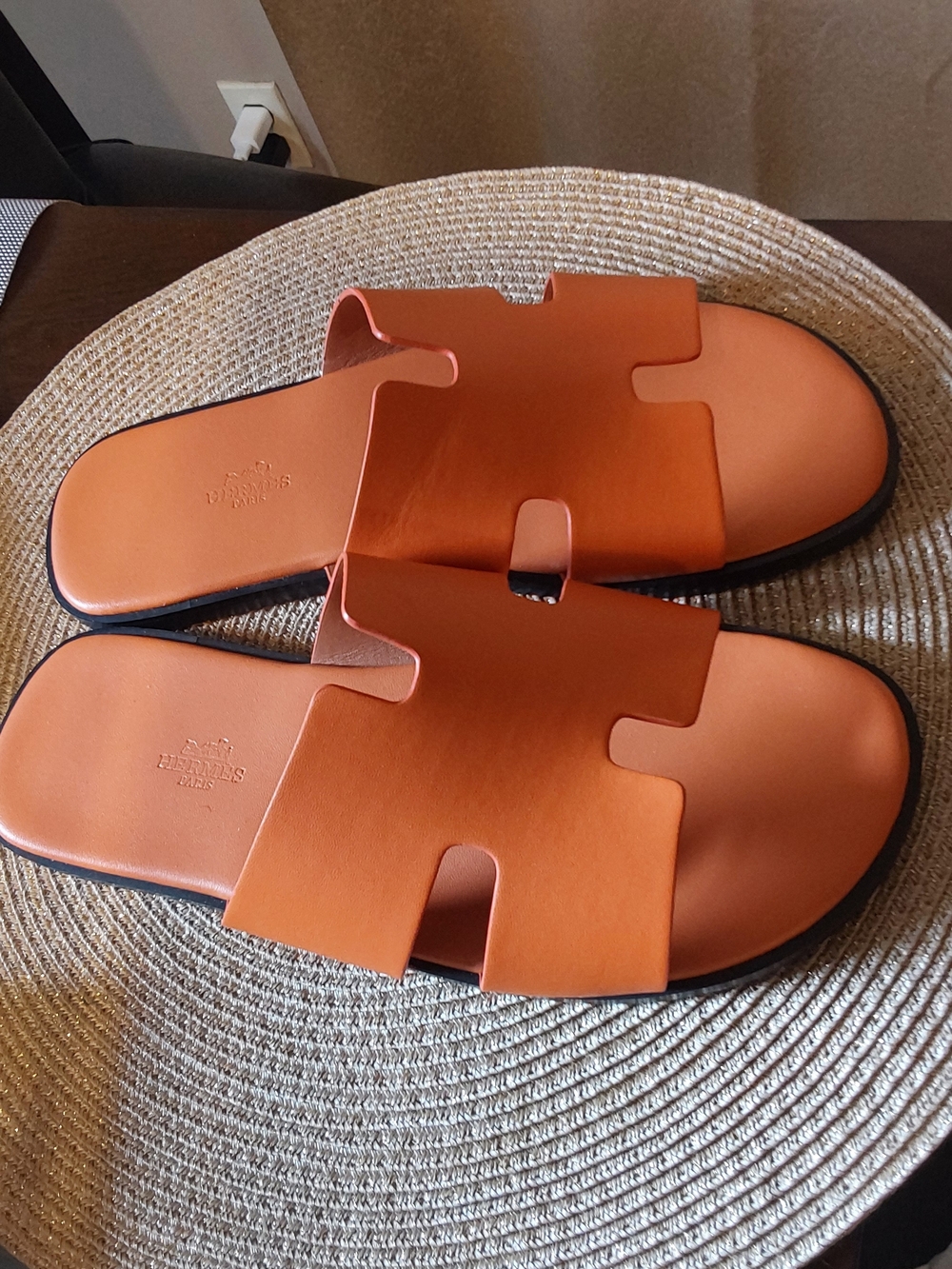 Hermes Orange Leather H‑Cut Men's Slide Sandals